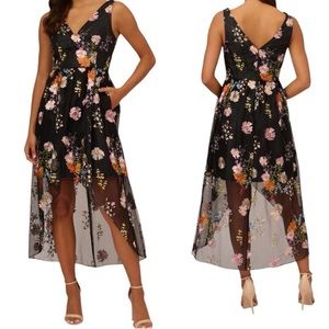 Adrianna Papell High Low Embroidered Floral V-Neck Black Dress Women’s Size 6